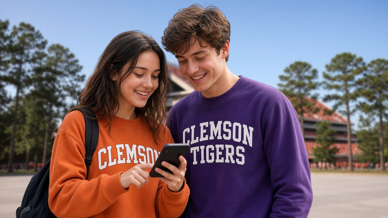 Two Clemson students checking a ride request on a phone outside the stadium