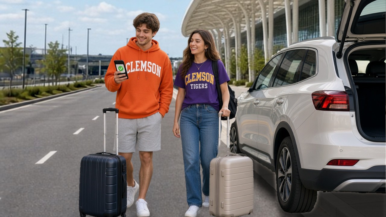 Two Clemson students with suitcases at the airport departures curb beside their ride